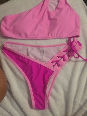 Pink Two-Tone Lace-Up Bikini Set